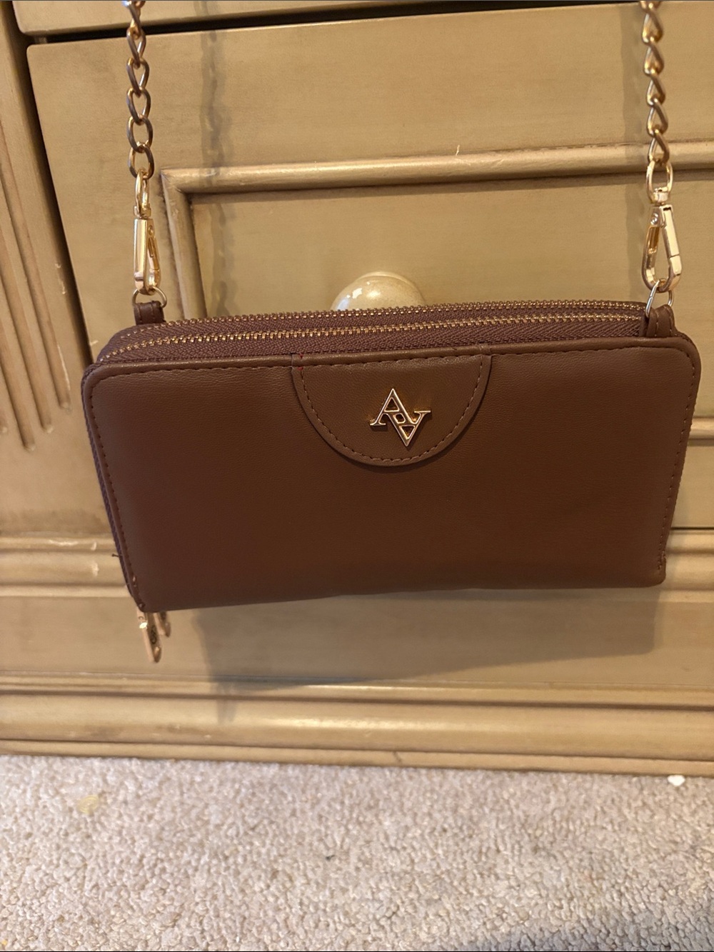 Adrienne Vittadini Brown Crossbody Wallet with Gold Chain